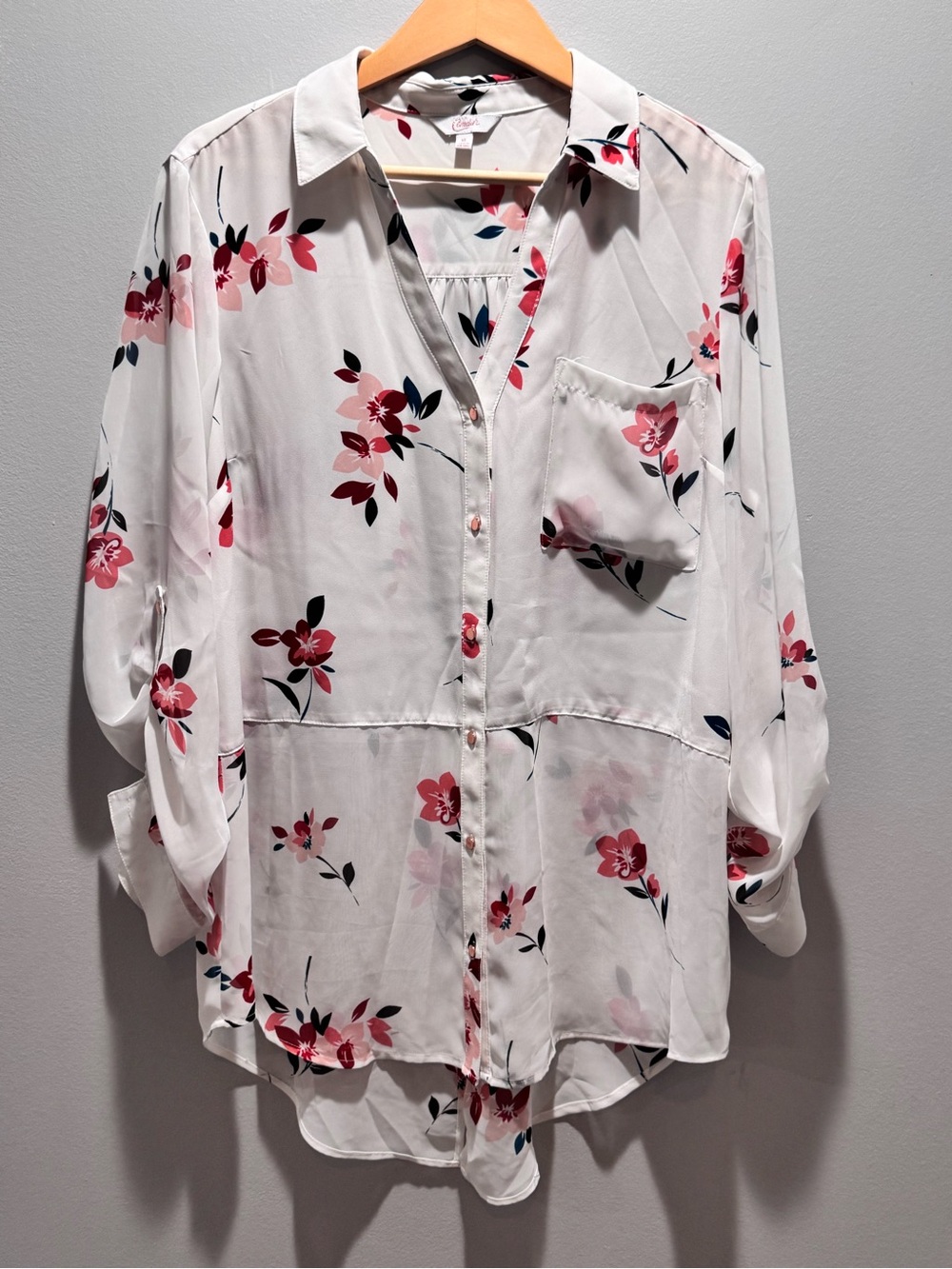 Candie's White Button-Down Blouse with Pink Floral Print